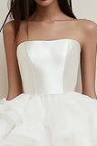 Strapless Ruffled Satin A Line White Tiered Short Graduation Dress