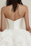 Strapless Ruffled Satin A Line White Tiered Short Graduation Dress