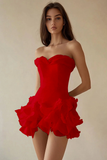 White Chiffon A-Line Strapless Ruffled Graduation Dress