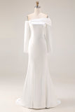 White Off The Shoulder Satin Mermaid Formal Dress with Long Sleeves