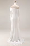 White Off The Shoulder Satin Mermaid Formal Dress with Long Sleeves