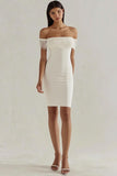White Satin Bodycon Off the Shoulder Midi Graduation Dress with Fringes