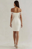 White Satin Bodycon Off the Shoulder Midi Graduation Dress with Fringes