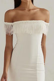 White Satin Bodycon Off the Shoulder Midi Graduation Dress with Fringes