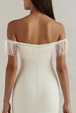 White Satin Bodycon Off the Shoulder Midi Graduation Dress with Fringes