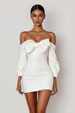 White Bodycon Off the Shoulder Long Sleeves Mini Graduation Dress with Bow