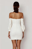 White Bodycon Off the Shoulder Long Sleeves Mini Graduation Dress with Bow