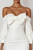 White Bodycon Off the Shoulder Long Sleeves Mini Graduation Dress with Bow