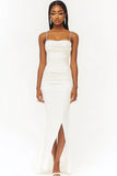 White Satin Spaghetti Straps Mermaid Long Formal Dress with Slit