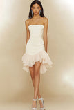 Strapless White Satin Bodycon Short Graduation Dress with Ruffles