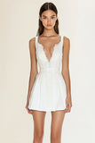 Bodycon V Neck Satin White Ruched Short Graduation Dress with Lace