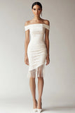 White Bodycon Off the Shoulder Lace Short Graduation Dress with Fringes