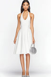 White A Line Satin Halter Midi Graduation Dress