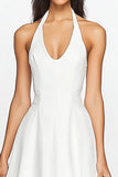 White A Line Satin Halter Midi Graduation Dress
