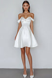 White A-Line Off the Shoulder Satin Short Graduation Dress