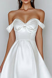 White A-Line Off the Shoulder Satin Short Graduation Dress
