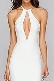 White Mermaid Keyhole Satin Mid-Calf Graduation Dress