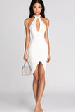 White Bodycon Halter Satin Short Graduation Dress with Keyhole