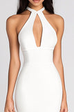 White Bodycon Halter Satin Short Graduation Dress with Keyhole