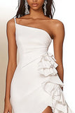 White Bodycon One Shoulder Ruffled Satin Mini Graduation Dress