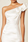 One Shoulder White Satin Bodycon Short Graduation Dress with Ruffles