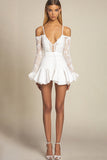 White Spaghetti Straps Lace Ruffled Short Graduation Dress with Long Sleeves