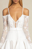 White Spaghetti Straps Lace Ruffled Short Graduation Dress with Long Sleeves