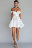Satin White A Line Off the Shoulder Short Graduation Dress