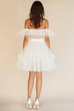 White A Line Organza Off The Shoulder Ruffled Short Graduation Dress