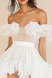 White A Line Organza Off The Shoulder Ruffled Short Graduation Dress