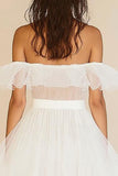 White A Line Organza Off The Shoulder Ruffled Short Graduation Dress