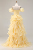 Yellow Off The Shoulder Mermaid Ruffles Satin Long Formal Dress