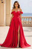 Red A Line Off the Shoulder Satin Long Formal Dress with Slit
