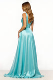 Slate Blue A Line V-Neck Long Formal Dress with Pockets
