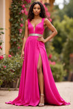 Sparkly Fuchsia Satin A Line V-Neck Long Formal Dress with Slit
