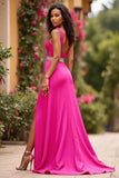 Sparkly Fuchsia Satin A Line V-Neck Long Formal Dress with Slit