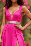 Sparkly Fuchsia Satin A Line V-Neck Long Formal Dress with Slit