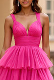 Fuchsia Ball Gown V-Neck Tulle Ruffled Tiered Long Formal Dress