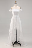 White Boho Off the Shoulder Lace High-Low Wedding Dress