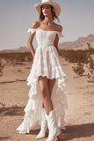 White Boho Off the Shoulder Lace High-Low Wedding Dress