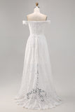 White Boho Off the Shoulder Lace High-Low Wedding Dress