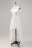 White Boho Off the Shoulder Lace High-Low Wedding Dress