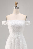 White Boho Off the Shoulder Lace High-Low Wedding Dress