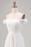 White Boho Off the Shoulder Lace High-Low Wedding Dress