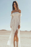 Off the Shoulder White Lace Sheath Boho Maxi Dress with Slit