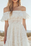 White Lace Off the Shoulder A Line High-Low Boho Graduation Dress