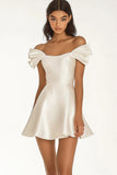 Ivory Off the Shoulder A Line Satin Short Graduation Dress