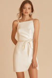 Ivory Bodycon Spaghetti Straps Short Graduation Dress with Sash