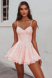 Pink A Line Spaghetti Straps Short Graduation Dress with Lace