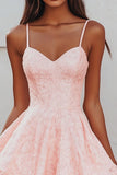 Pink A Line Spaghetti Straps Short Graduation Dress with Lace